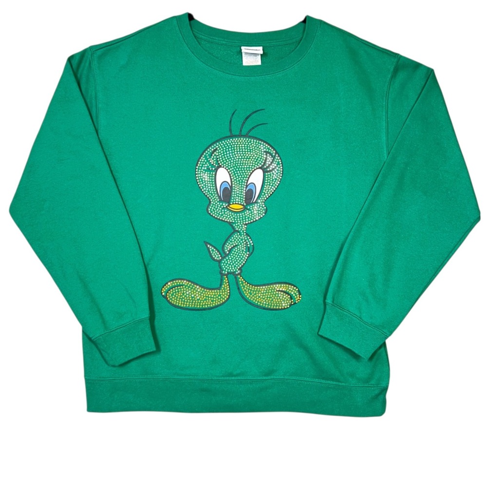 Looney Tunes Tweety Bird Sweatshirt Women's L Green Embelished